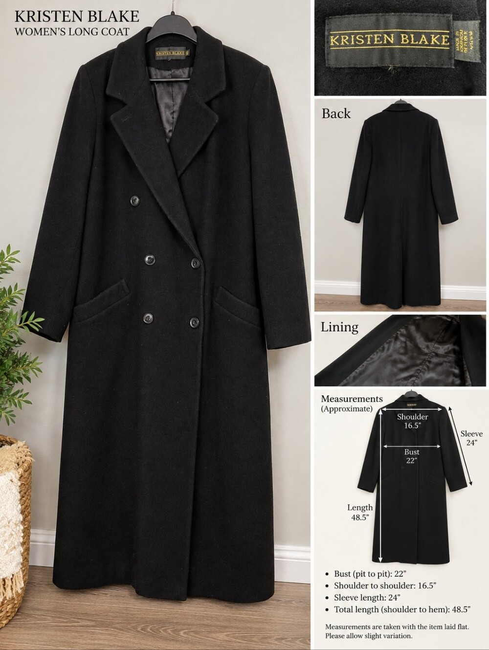 Kristen Blake Black Double-Breasted Wool Trench Coat